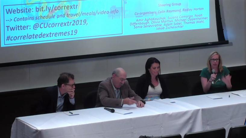 Adam Sobel (Columbia University, APAM), Michael Oppenheimer (Princeton), Sarah Perkins-Kirkpatrick (UNSW), and moderator Kate Marvel (APAM - NASA GISS) sit around a table in front of projector screen