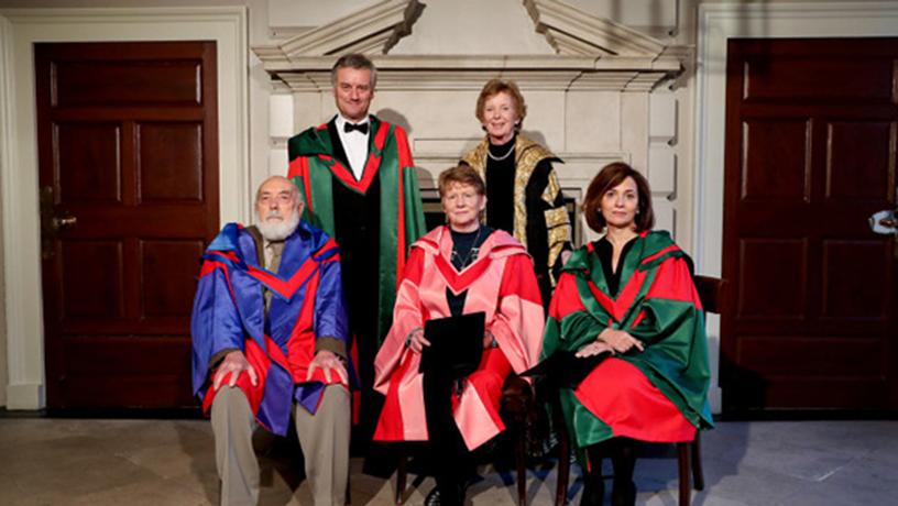 (L-R, front) Poet Thomas Kinsella, Galway historian Catherine Corless, American physicist Michal Lipson. (L-R, rear) Dr. Patrick Pendergast, provost of Trinity College, and Dr. Mary Robinson, chancellor of the University of Dublin, at the honorary doctorate ceremony.