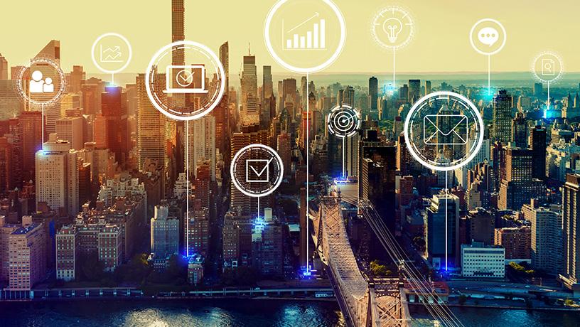 New York skyline with icons representing technology