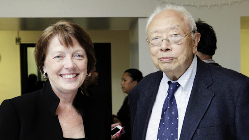 Columbia Provost Mary Boyce stands next to Prof. C.K. Chu