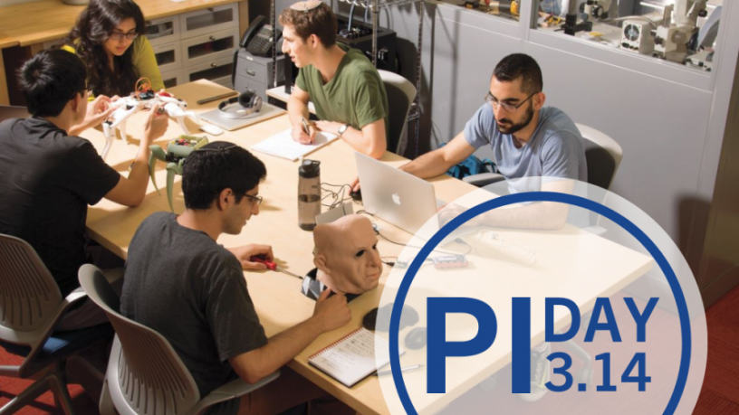 Five students sit around a table. They are working on laptops, models, and paper. There is also a circle with the logo Pi Day 3/14.