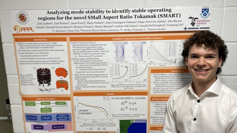 A student stands in front of their research poster