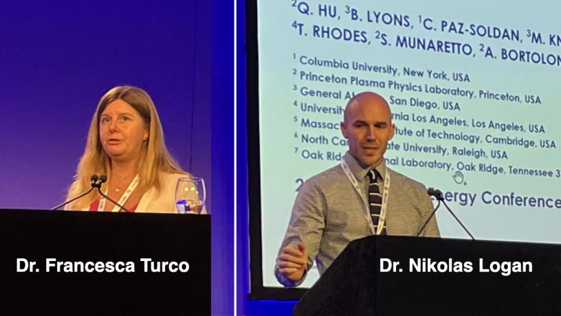 A split photo. One photo shows a woman giving a talk at a podium and another photo show a man giving a talk in front of a projection screen.