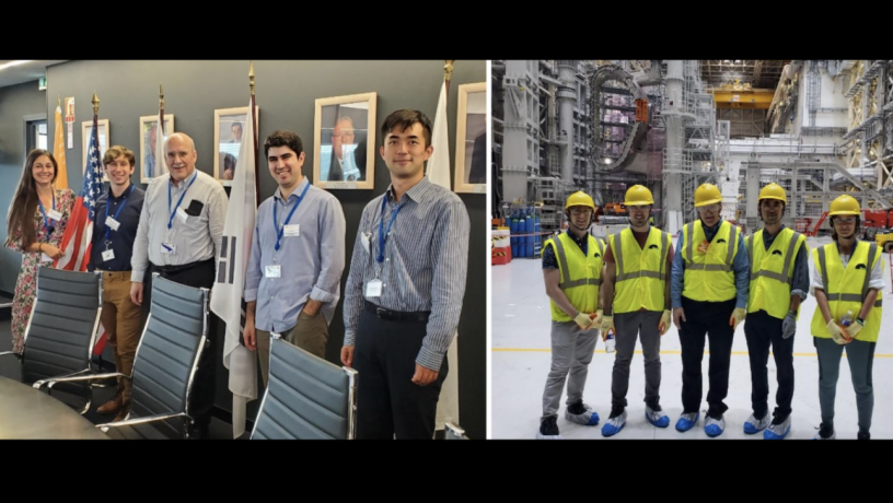 Students and faculty standing in a row - the first photo shows them standing in a conference room and the second photo shows them in a lab
