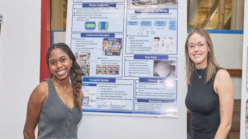 two women in front of a poster