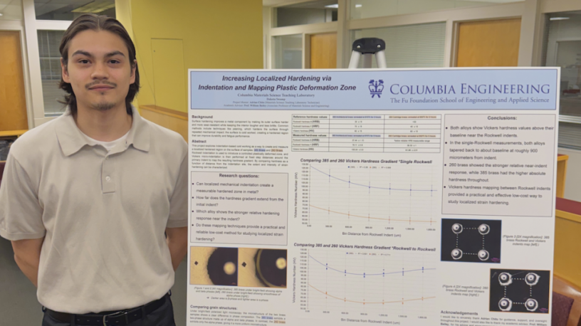 student standing in front of a poster