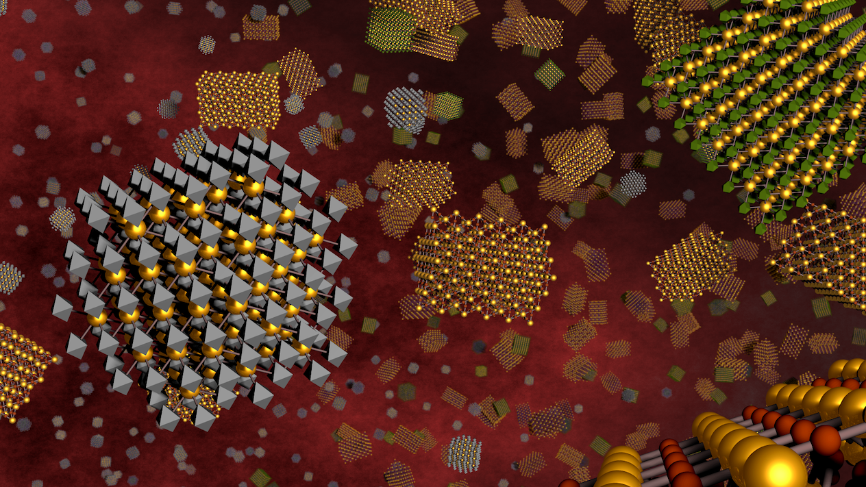 Scientific visualization of diverse heterogeneous nanoparticle lattice structures against a deep maroon background, featuring gold, silver, green, orange, and red spherical and geometric nanoparticles arranged in various crystalline and ordered patterns, demonstrating different types of atomic and nanoscale material assemblies.