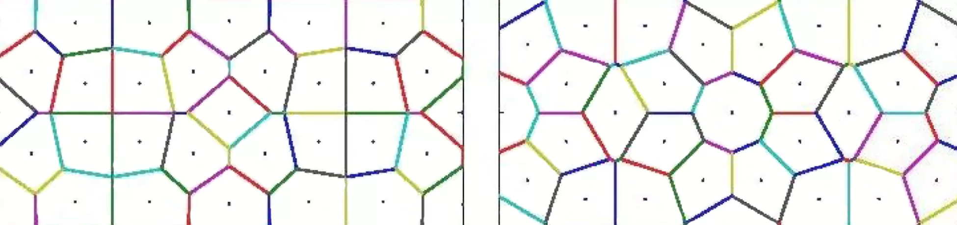 Side-by-side diagrams of geometric cell networks with multicolored polygon boundaries forming irregular, honeycomb-like patterns on a grid.