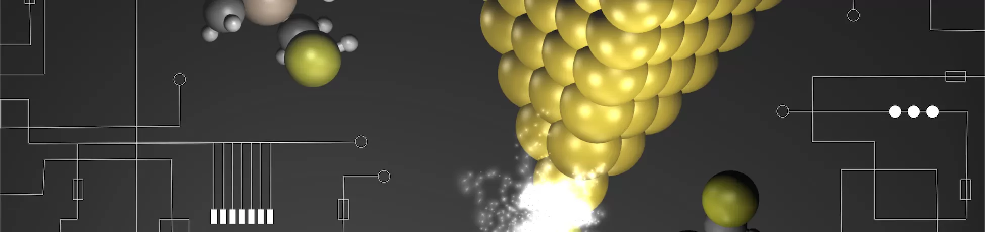 Abstract science illustration showing a gold, cone-shaped cluster of spheres facing each other with a bright white particles spraying out from the bottom, surrounded by small ball-and-stick molecules on a dark background with faint circuit-like diagrams.