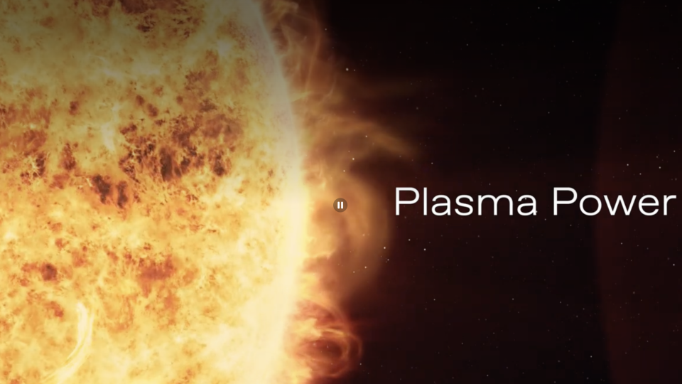 A photo of the sun on a black background with the words "Plasma Power"