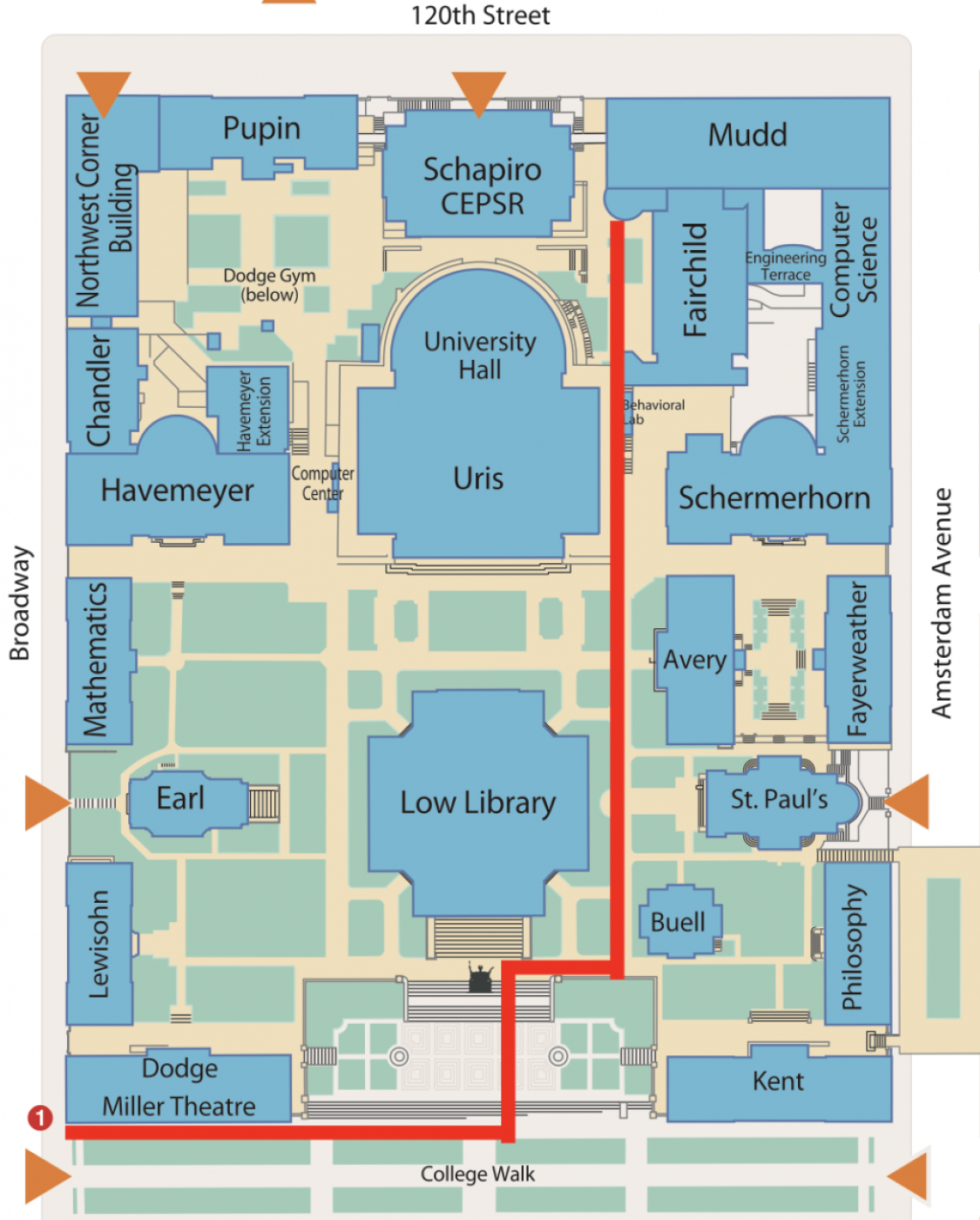 Map to the Seeley W. Mudd Building at 500 W. 120th Street, near the corner of Amsterdam Avenue.